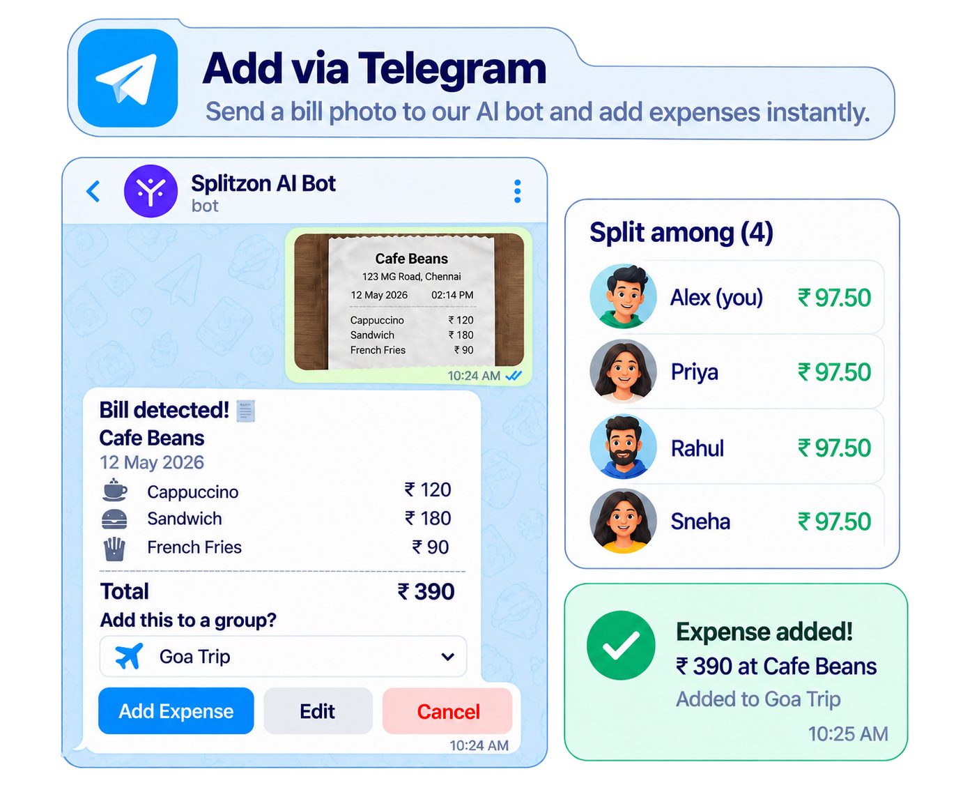 Add via Telegram — send a bill photo to our AI bot and add expenses instantly