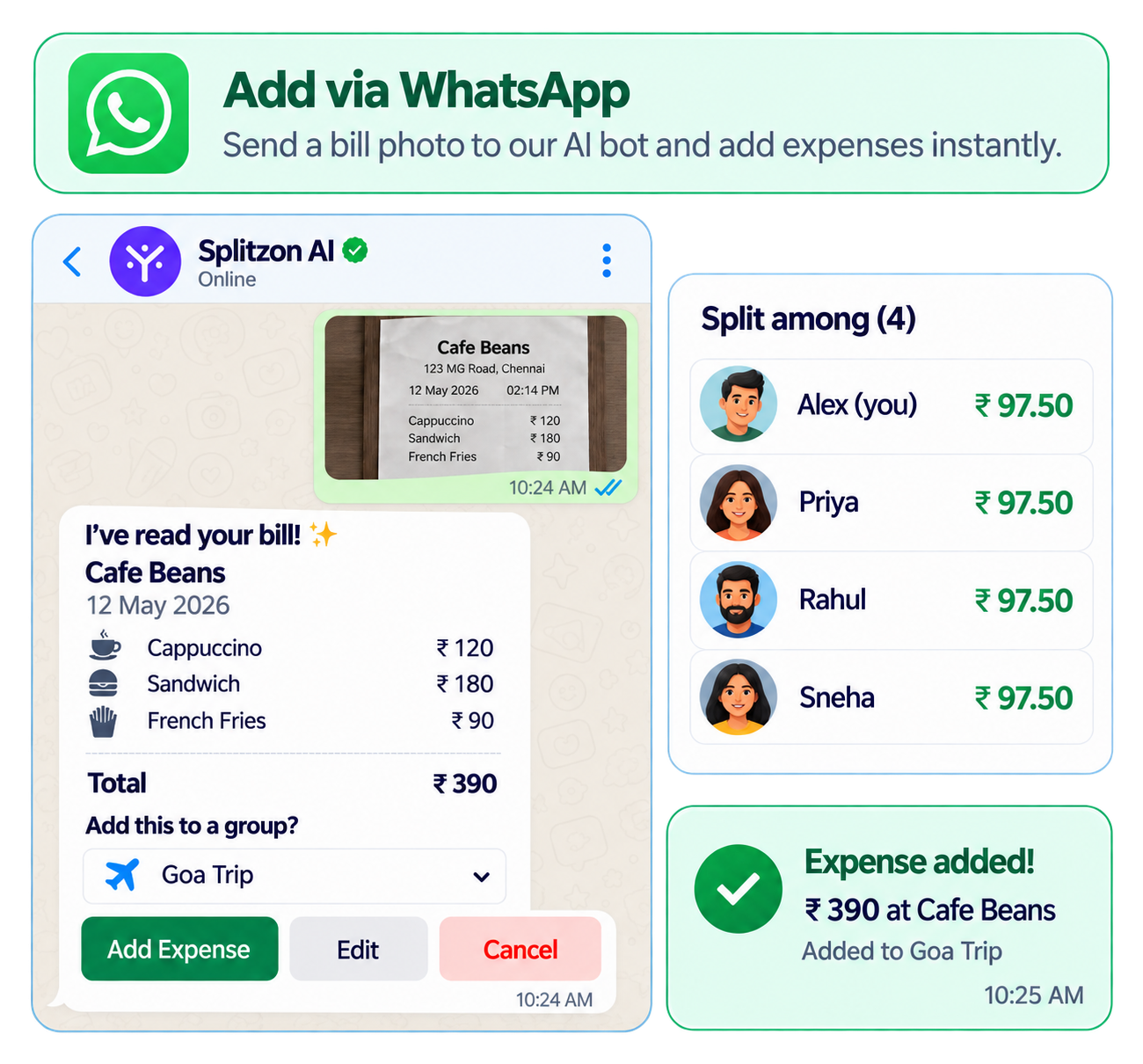Add via WhatsApp — send a bill photo to our AI bot and add expenses instantly